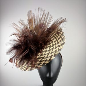 Brown and Cream Woven Straw Fascinator with Brown Feathers &quot;Trixie&quot;