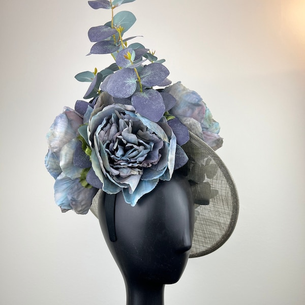 Steely Silver Fascinator with Blue Peonies and Eucalyptus "Lucinda"