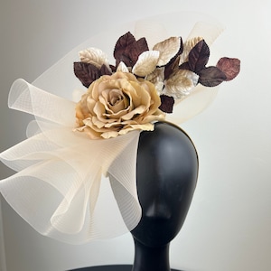 Beige Crinoline Fascinator with Tan Rose and Brown Velvet Leaves &quot;Sedona&quot;