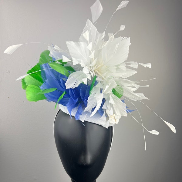 White Fascinator with Periwinkle and Lime Feathers "Jody"