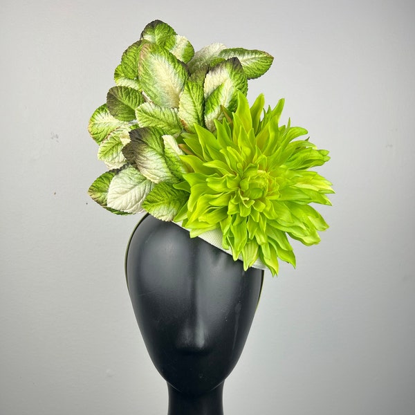 Lime Dahlia Fascinator with Green and Cream Leaves "Ensley"