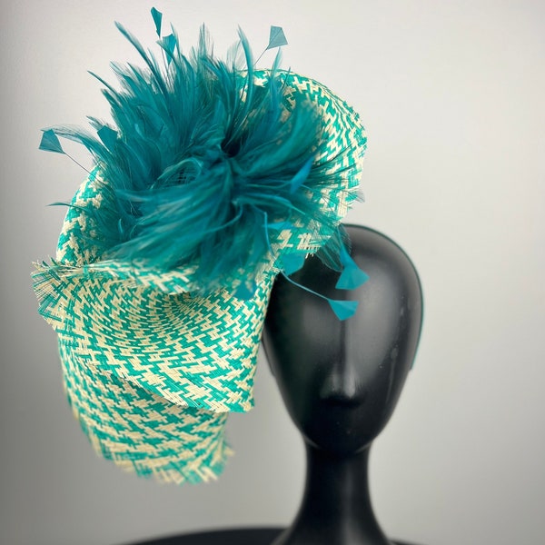 Aqua and Cream Woven Straw Fascinator with Teal Feathers "Elowen"