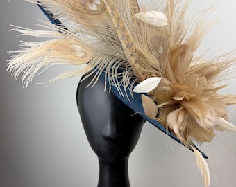 NavyFascinator with Beige Peacock and Pheasant Feathers "Ginger"
