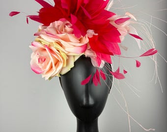 Pink Fascinator with Roses and Feathers "Carmel"