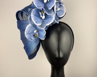 Denim Blue Silk Fascinator with Orchids "Belize"