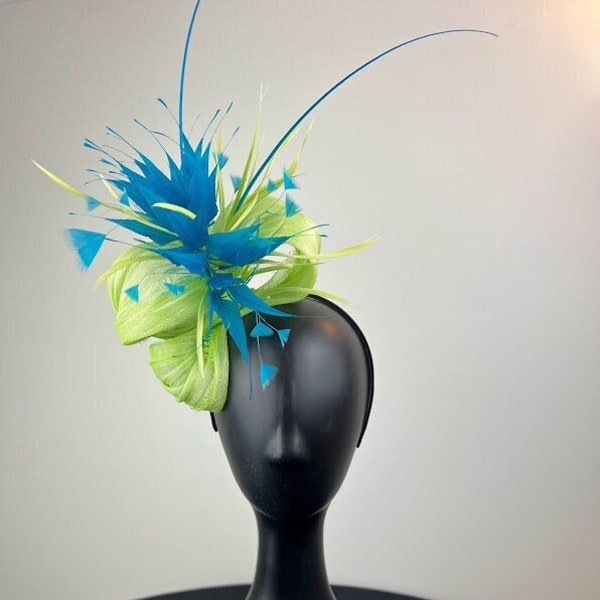 Lime Fascinator with Aqua and Lime Feathers "Alexia"