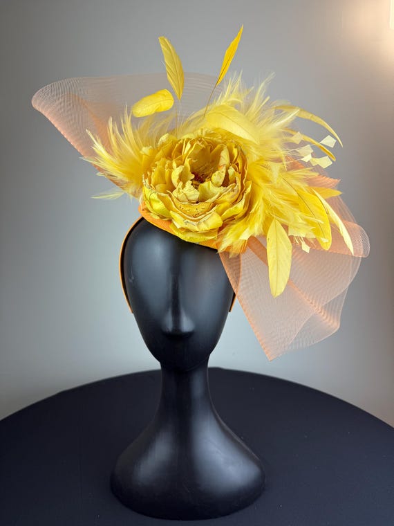 Yellow Peonye Feather Flower Fascinator Headband Yellow Orchid Fascinator Headband – Handmade Mesh Bow  main image 4