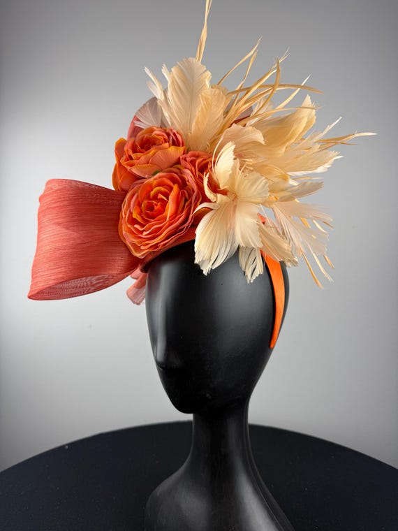 Orange Silk Rose Fascinator, Feather Headband, Derby Hat  display picture 2