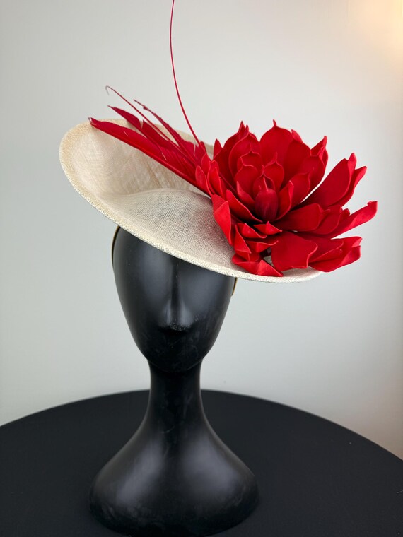 Ivory Fascinator With Red Lotus Flower and Feathers  display picture 1