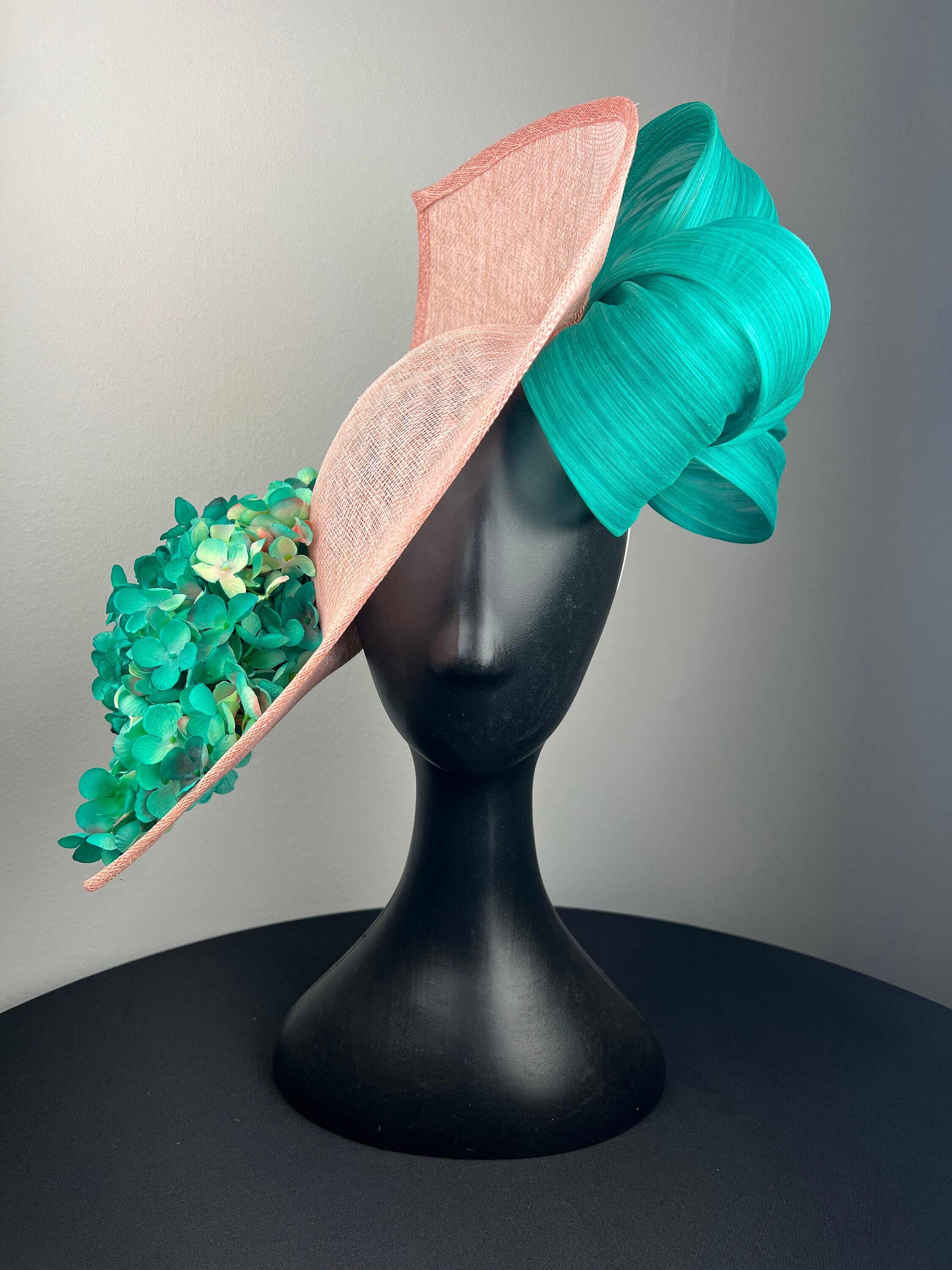 Blush Pink Fascinator with Teal Hydrangeas and Teal Abaca Silk "Tamaki"