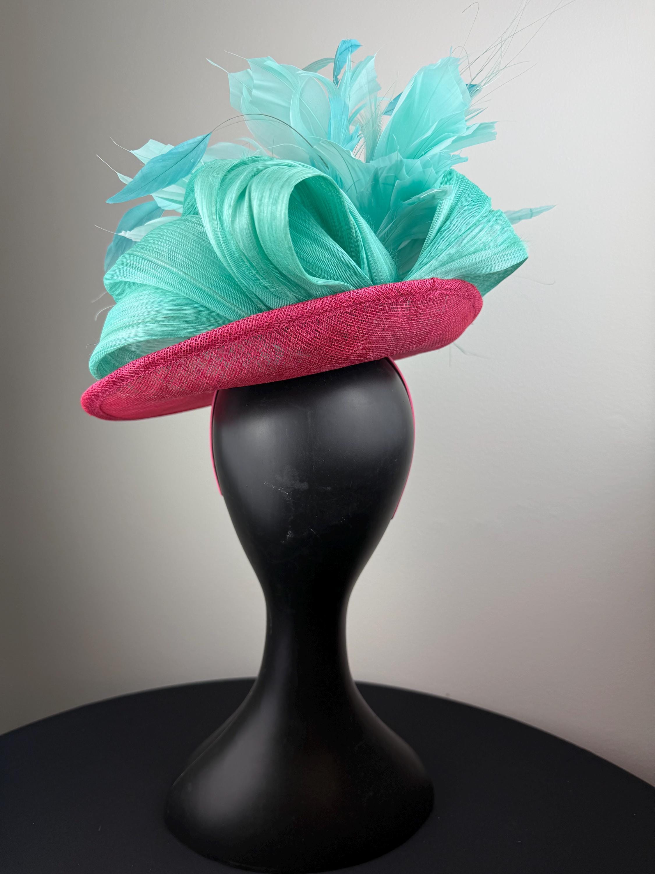Peony Feather Floral Derby Fascinator | Kentucky Derby Hat  Unique Aqua Accents kentucky derby hat fascinator green satin with netting,aqua  main image 2