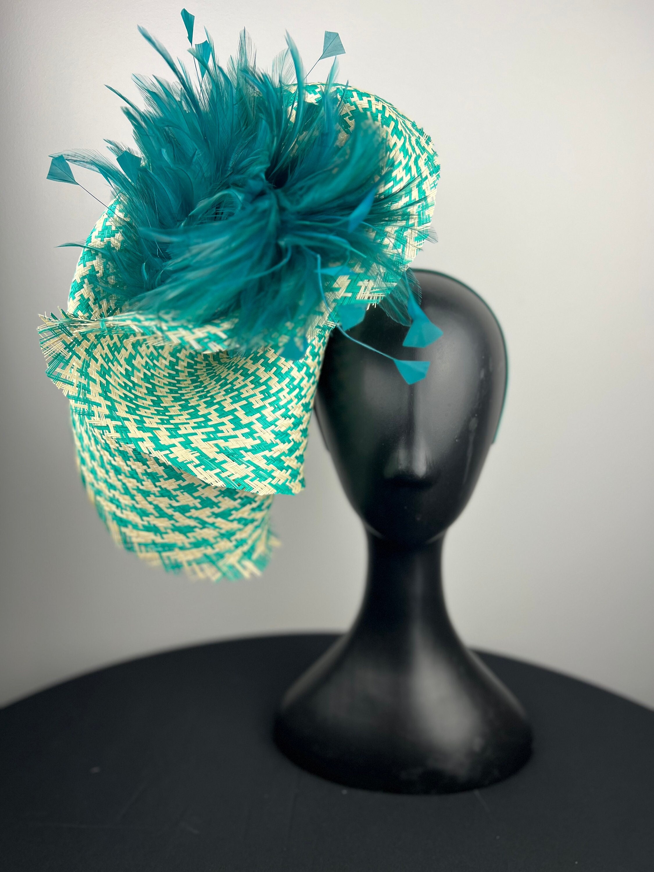 Elegant Ivory Cream and Teal Aqua Green Fascinator Derby Church Tea Formal Hat Aqua and Cream Derby Hats - Etsy main image 3