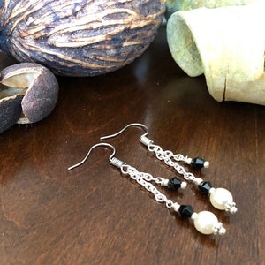 Pearl, Black Crystal and Silver Dangle Earrings