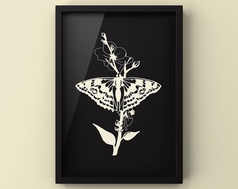 Digital Download Butterfly Botanical Art Print, Printable Botanical Wall Art, 3:4 Download, Butterfly Nature Wall Art, Insect Art Print