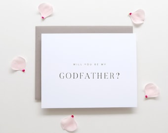May include: A white card with gray envelope, with the text "Will you be my Godfather?" printed in black.