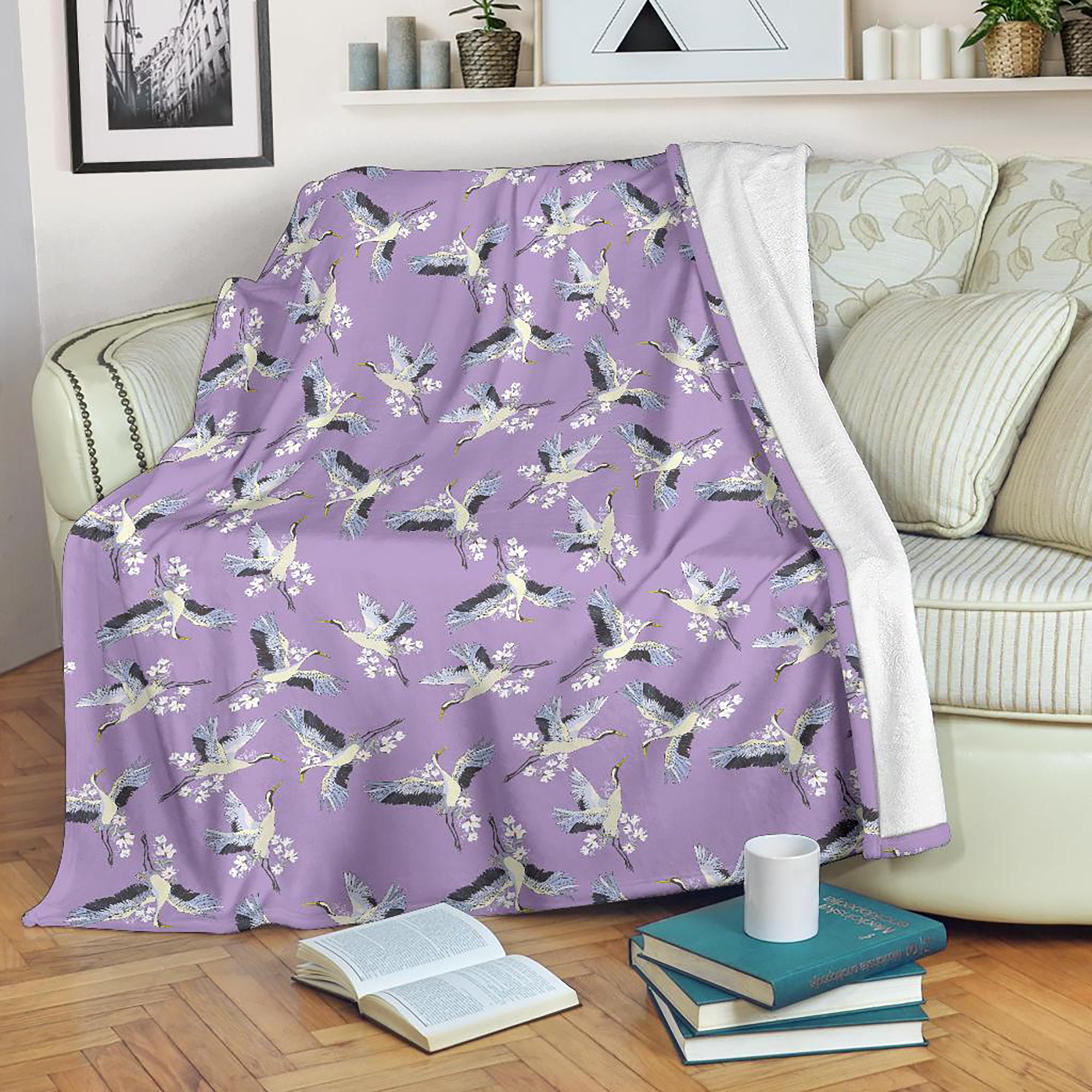 Cute Crane Blanket Crane Pattern Throw Blanket Crane Print Etsy UK