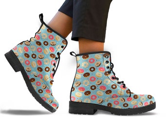 Donut Combat Boots - Doughnut Pattern Booties - Winter Boots - Pastry Ankle Boots For Women / Men - Perfect Gift For Sweet Dessert Lovers