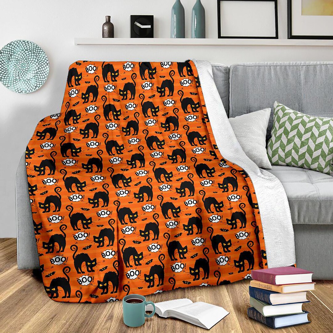 Cute Halloween Cat Blanket Throw Blanket Cat Print Fleece Blanket Cat