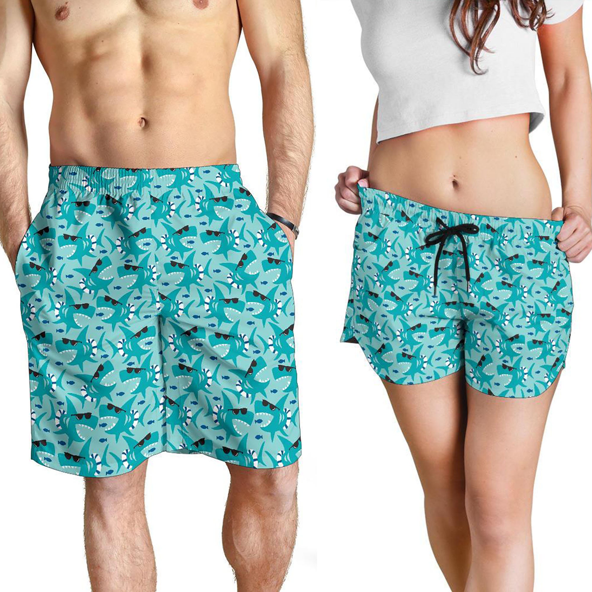 Perfect Couple Gift Cute His & Hers Multi-Sport Shorts Shark Shorts Shark Print Swimwear Shark Pattern Swim Shorts For Women  Men
