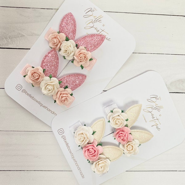 Bunny Rabbit Ears Hair Clip | Pink Clip | Rabbit Ear Flower Clips | Fringe Clips | Fringe Clips | Easter Clips |Toddler Hair Clip Easter Bow