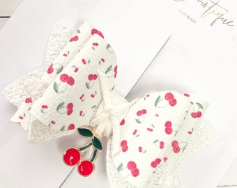 Girls Red Cherry Hair Bow | White Glitter Clips for girls | Pair of Bow Clips | Girls Bow Clips  | Handmade Bow Gift | Bows for Toddlers