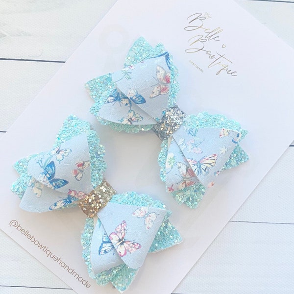 Girls Blue Glitter Hair Clip | Butterfly Sparkle Glitter Clip | Pair of Bows Clips | Girls Bow Clips  | Small Bows | Bows for Toddlers