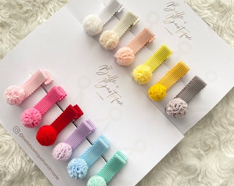 Ribbon pom pom fringe clips - toddler clips - baby hair clips - small ribbon clips - choose own colours - fully lined clips - mini clips