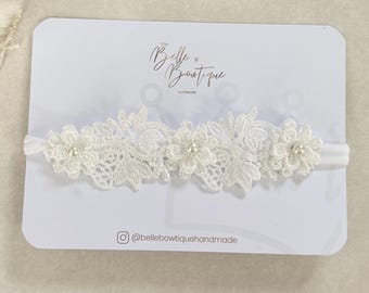 Christening Baby Headband – White Nylon Lace Bow, Baptism Infant Headband, Toddler Girl Hair Accessory, Baby Shower Gift