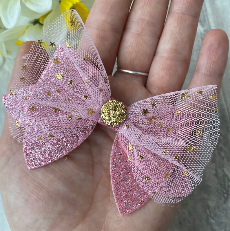 Pink large bow star clip for girls pink sparkle glitter bow double layer bow