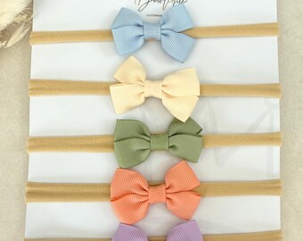 Newborn Headband Set: Ribbon Bows on Soft Nylon - 5 Pack