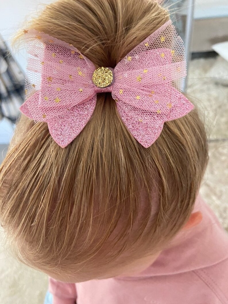 Pink large bow star clip for girls pink sparkle glitter bow double layer bow
