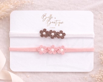 Daisy Baby Headbands: Soft Nylon, White & Pink, Set of 2