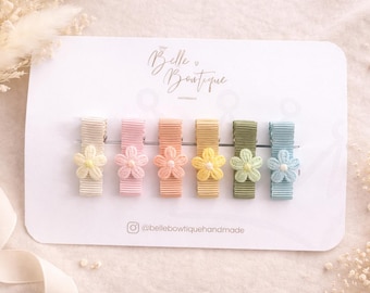 Fully Lined Ribbon Rainbow Flower Fringe Clips Small Soft Clips Mini Fringe Clips for Toddlers and Babies, Small Hair Clips,  Clip pack of 6