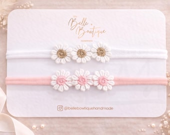 White & Pink Daisy Baby Headband Set - Soft Nylon Dainty Headbands