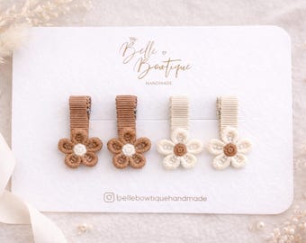 Fully Lined Ribbon flower fringe clips - toddler clips - baby hair clips - small ribbon clips - mini clips flower clip Brown cream