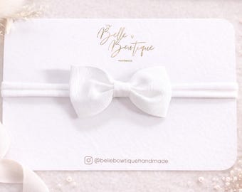 White Bow Baby Headband Grosgrain Bow on Soft Nylon, Infant Girl Hairband, Christening Accessory, Baby Shower Gift