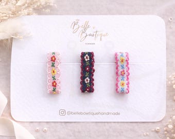 Flower Ribbon Fringe Clips  - Small Clips - Mini Clips - Clip Pack - Baby Hair Clips - Toddler Hair Clips - Fully lined hair clip