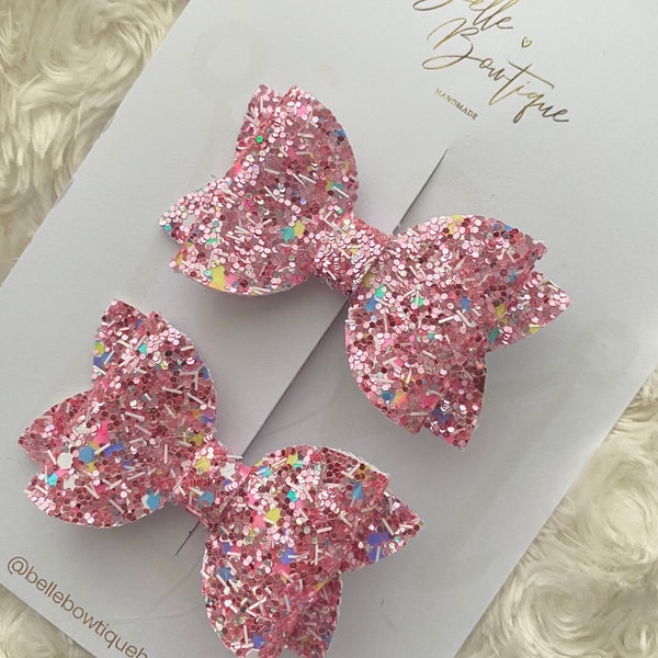 Girls Pink Glitter Hair Clip | Unicorn Sparkle Glitter Clip | Pair of Bows Clips | Girls Bow Clips  | Small Bows | Bows for Toddlers