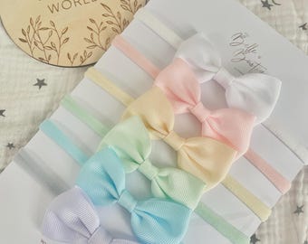 Baby Headband Set, 6 Soft Nylon Bows in Pastel or Pink, Newborn to adult