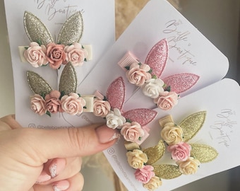 Bunny Rabbit Ears Hair Clip | Pink Clip | Rabbit Ear Flower Clips | Fringe Clips | Fringe Clips | Easter Clips |Toddler Hair Clip Easter Bow