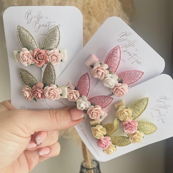 Bunny Rabbit Ears Hair Clip | Pink Clip | Rabbit Ear Flower Clips | Fringe Clips | Fringe Clips | Easter Clips |Toddler Hair Clip Easter Bow