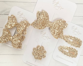 Classic Collection | Baby Gold Glitter Bow | Girls Headband | Toddler Hair Accessories | Newborn Bows | Gold Snap Clip | Gold Bobbles