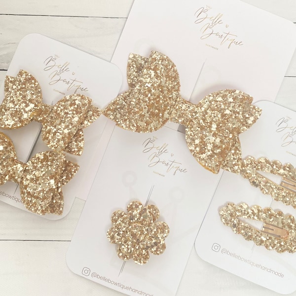 Classic Collection | Baby Gold Glitter Bow | Girls Headband | Toddler Hair Accessories | Newborn Bows | Gold Snap Clip | Gold Bobbles