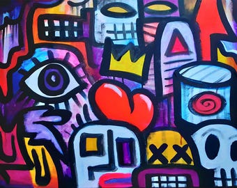 Origineel popart schilderij, abstracte neonkleurige graffiti / street art canvas voor slaapkamer, woonkamer