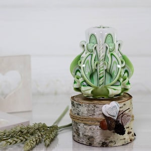 Unique Olive Green Carved Candle - Handcrafted Art for Memorable Gifts