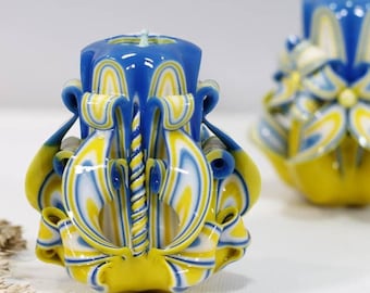 Light a Candle for Ukraine: Handcrafted Blue and Yellow Carved Candle