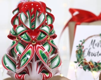 Christmas Gifted Candle - Hand Carved Red and Green Xmas Decorative Centerpiece