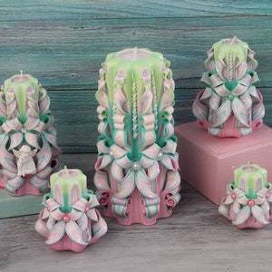 Handmade Carved Candle: Pink & Green Decorative Candle Set