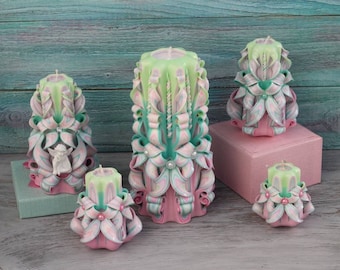 Handmade Carved Candle: Pink & Green Decorative Candle Set