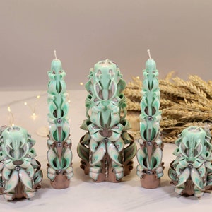 Romantic Carved Candle Set: Beige & Green Wedding Decor